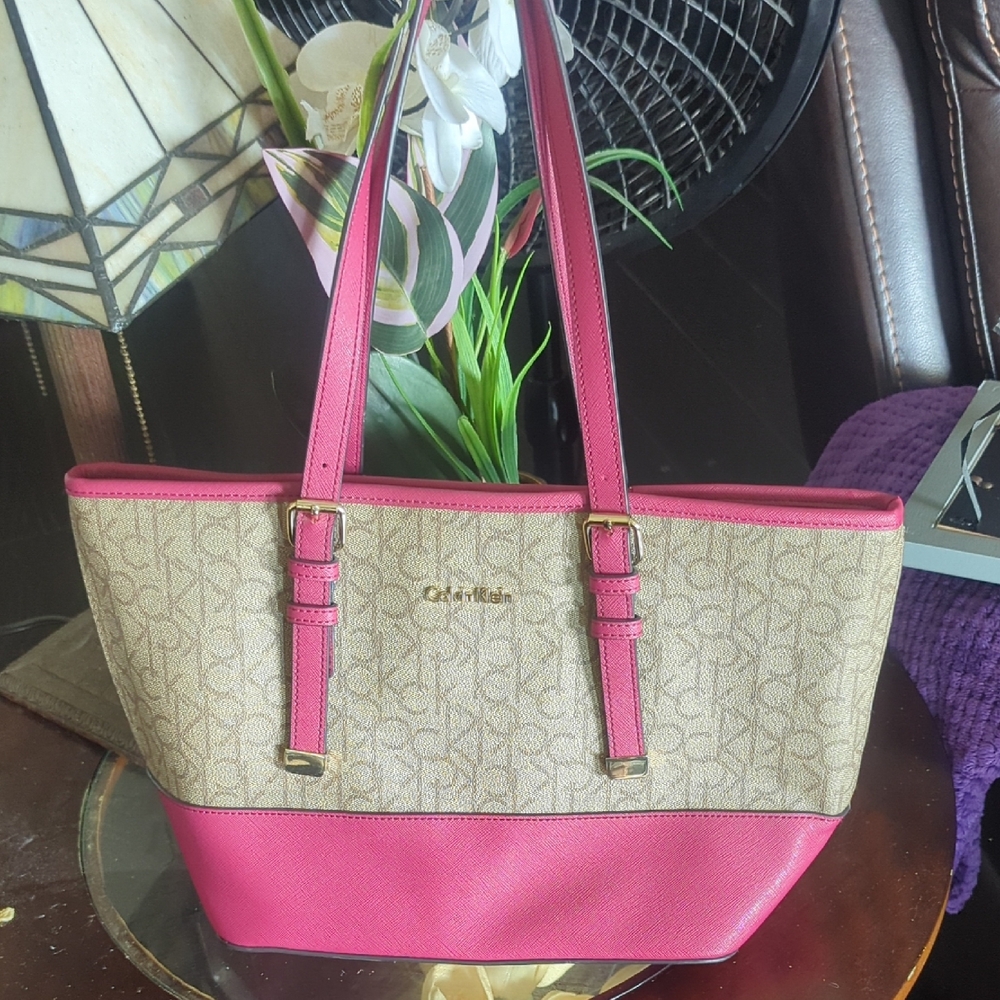 Calvin Klein Beige Logo Canvas and Pink Trim Tote